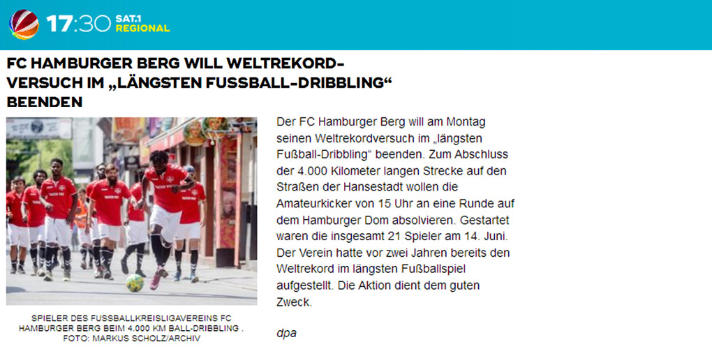 FC Hamburger Berg will Weltrekordversuch im l�ngsten Fussball-Dribbling beenden - Sat1